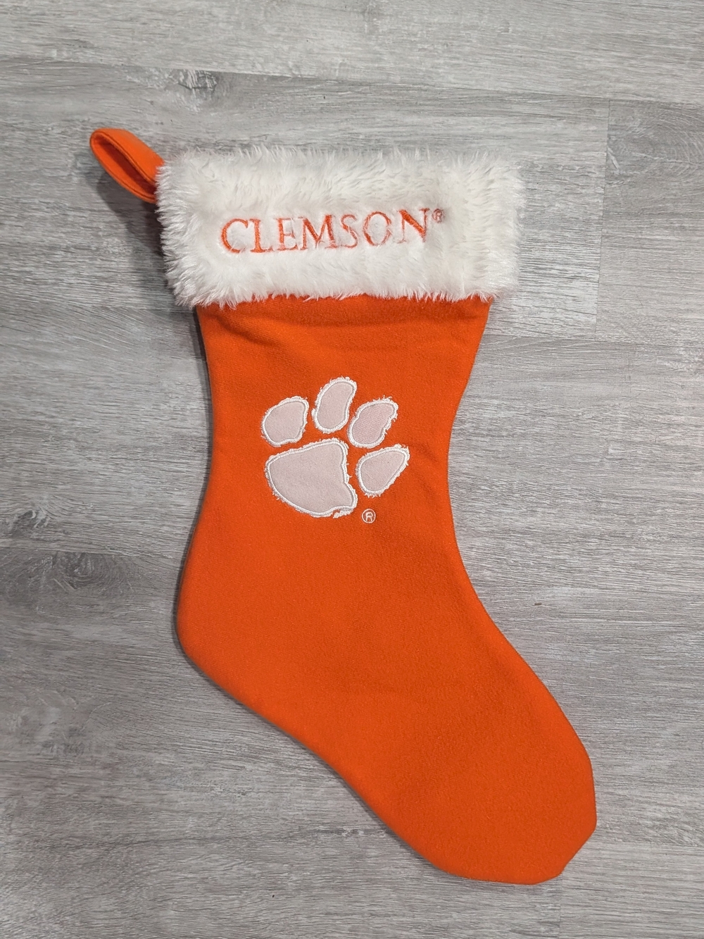 Clemson Orange Paw Holiday Stocking with Faux Fur Cuff